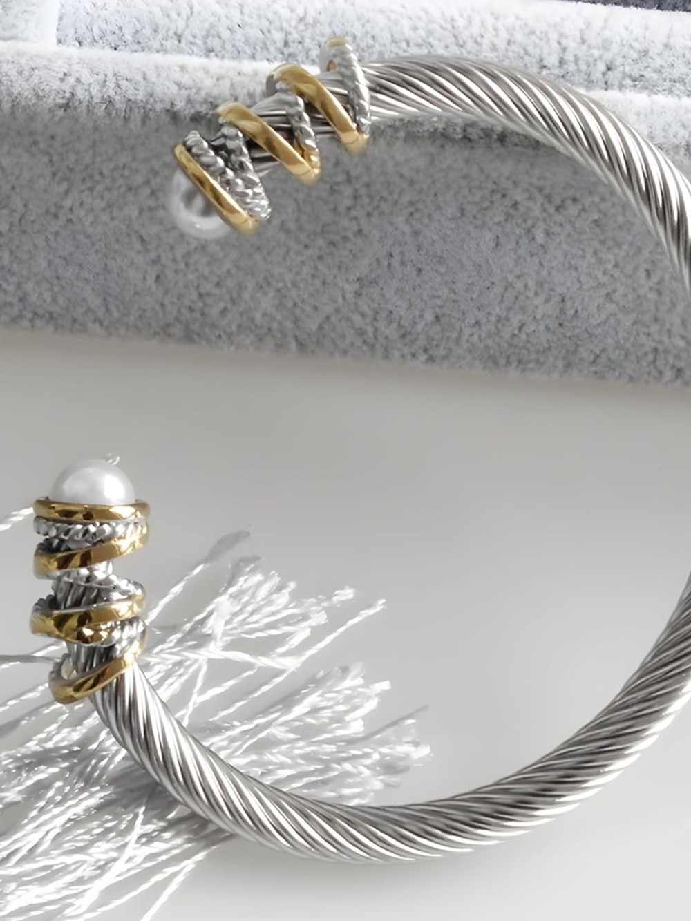 Two-Tone Silver and Gold Cable Cuff with Pearl Ends